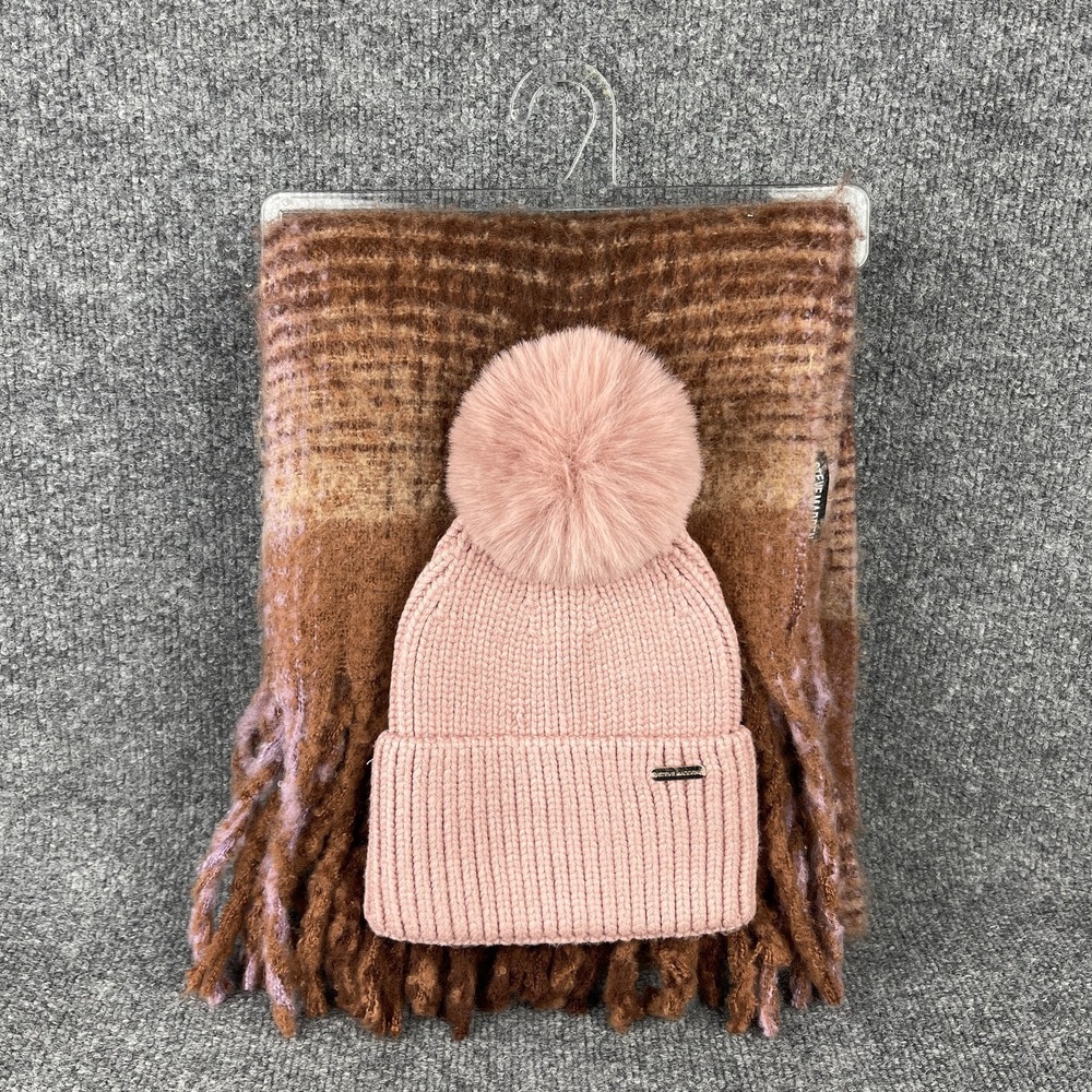 Steve Madden Womens One Size Pink Beanie Hat & Brown Plaid Fringe Scarf 2 PC Set